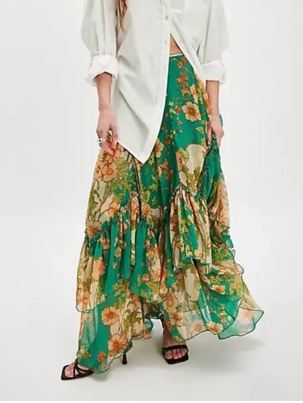 Amber sky boho Green Floral Tiered Maxi Skirt women’s size L NEW